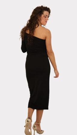 Zwarte jurk one-shoulder achterkant