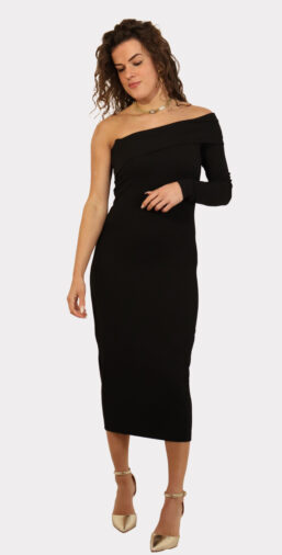 Zwarte jurk one-shoulder voorkant